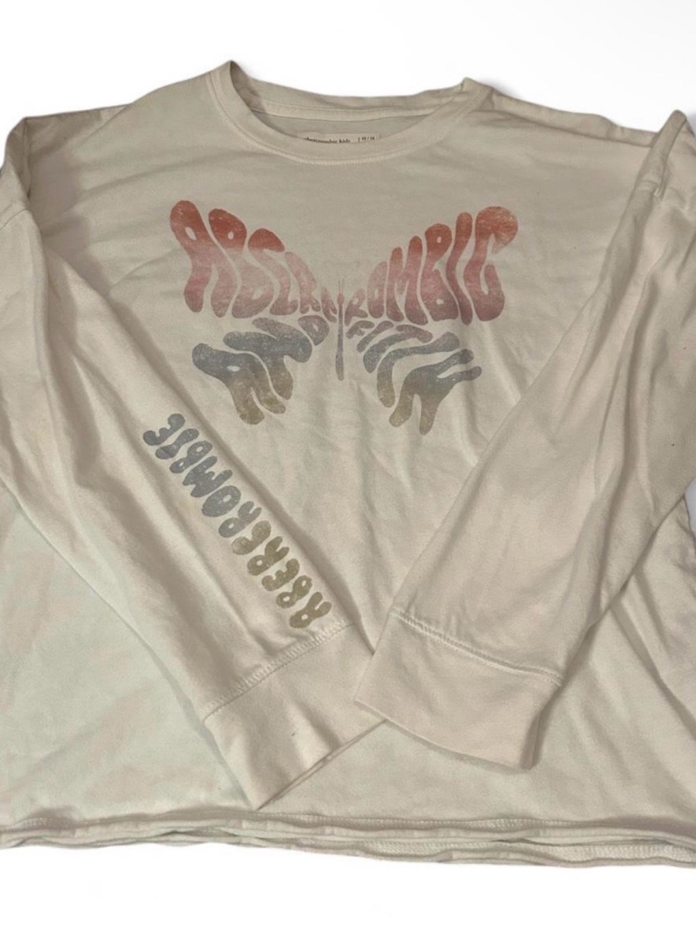 abercrombie kids Cream Long Sleeve Tee with Faded Multicolor Butterfly Graphic